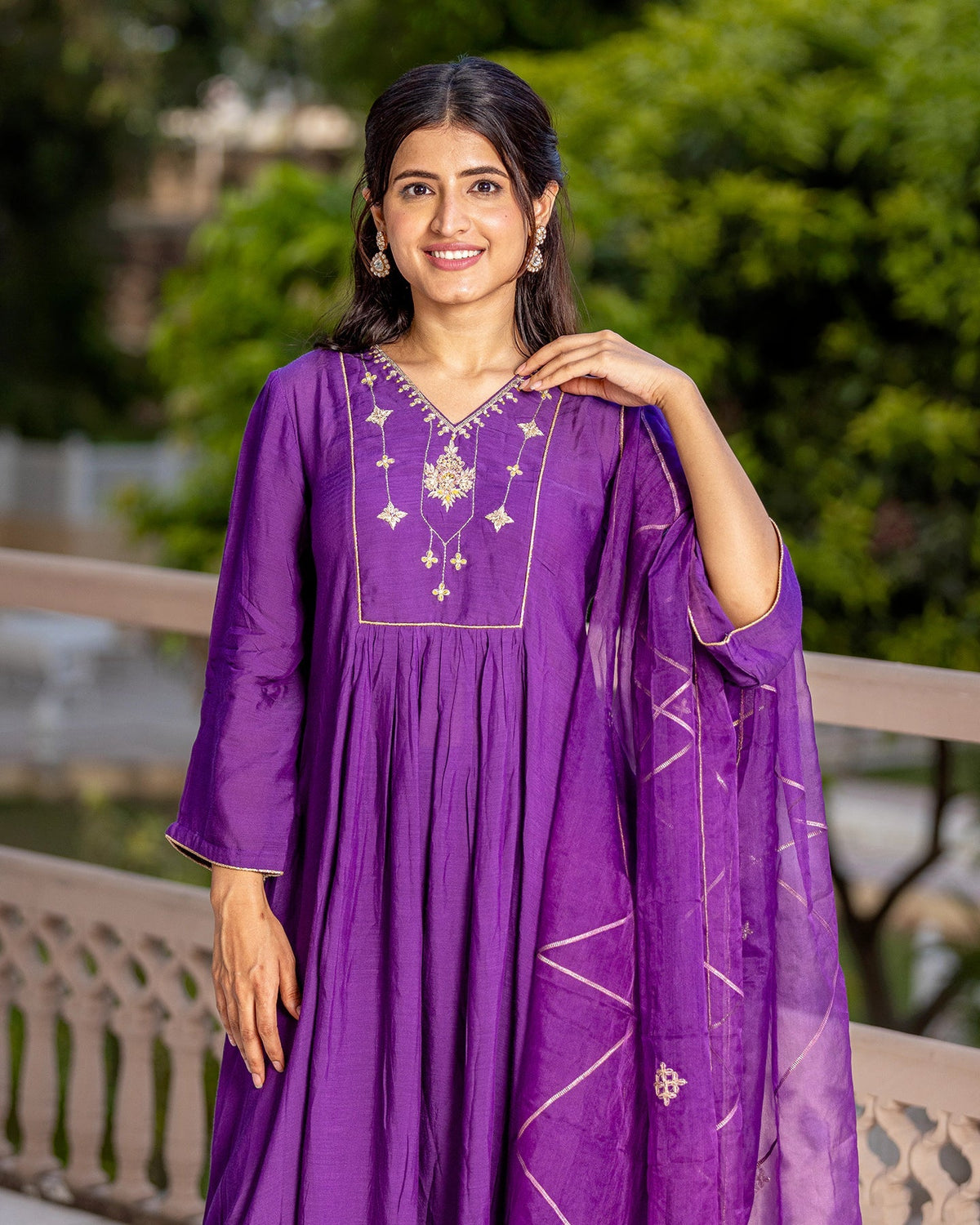 Purple Embroidered Silk Suit Set