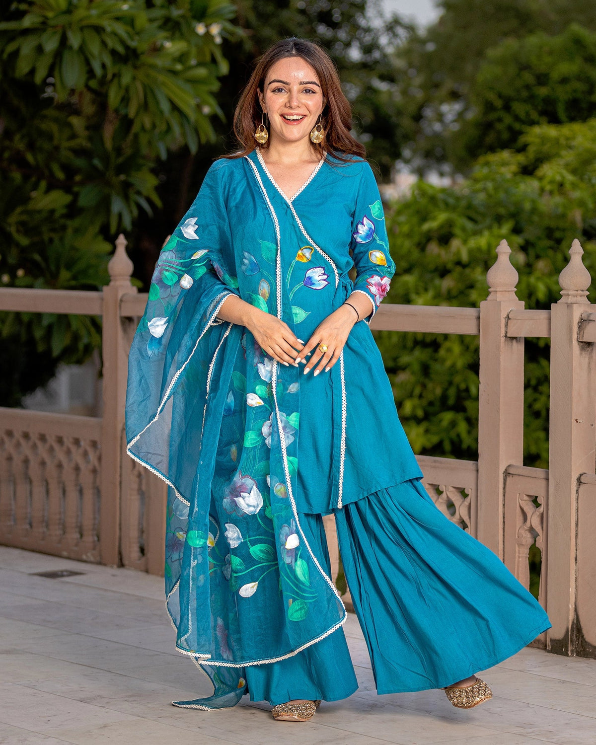 Teal Handpainted Floral Sharara set