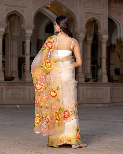 Vivid Yellow Floral-trail Saree