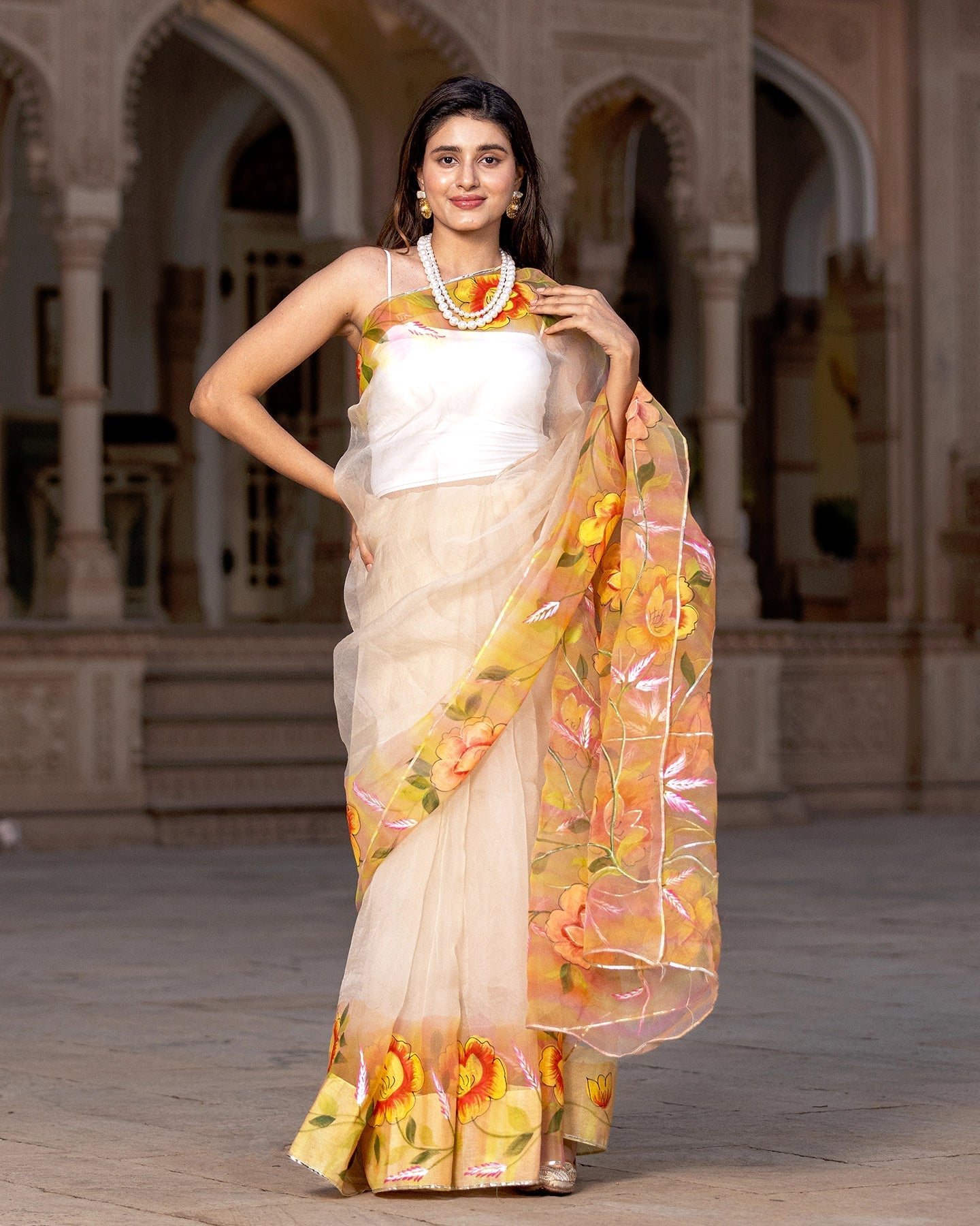 Vivid Yellow Floral-trail Saree