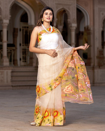 Vivid Yellow Floral-trail Saree
