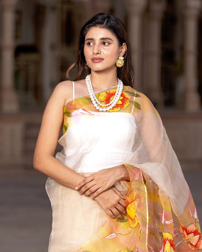 Vivid Yellow Floral-trail Saree