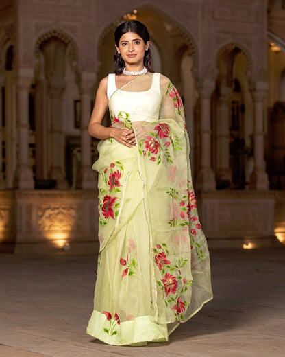 Mint-green Blossom-trail Saree