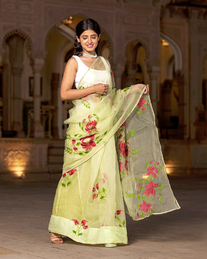 Mint-green Blossom-trail Saree