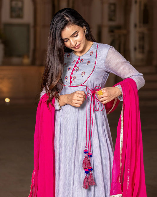 Grey Gota Anarkali suit set