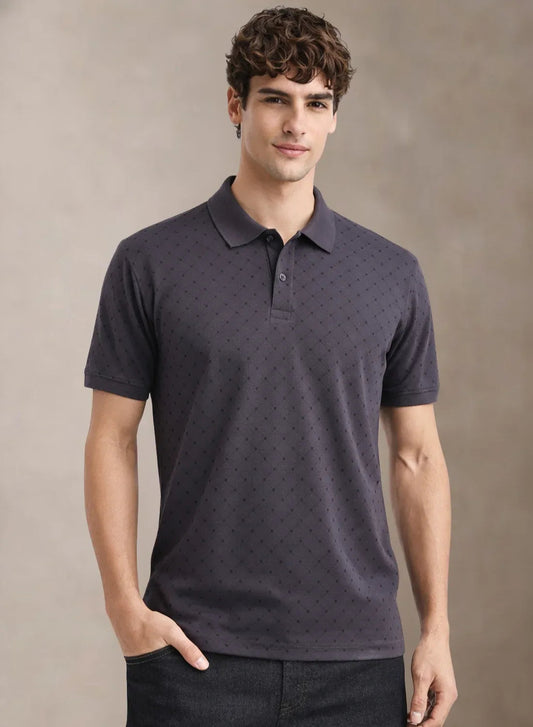 Adro Polo T-Shirt for Men | Allover Printed Polo T Shirt | Cotton Polo Tshirt Dark Grey