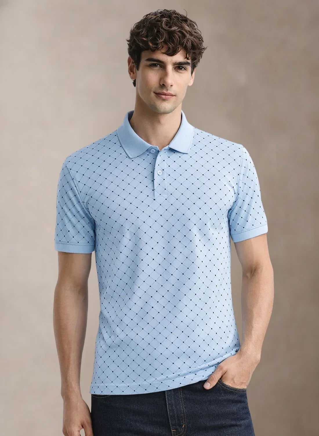 Adro Polo T-Shirt for Men | Allover Printed Polo T Shirt | Cotton Polo Tshirt Sky Blue