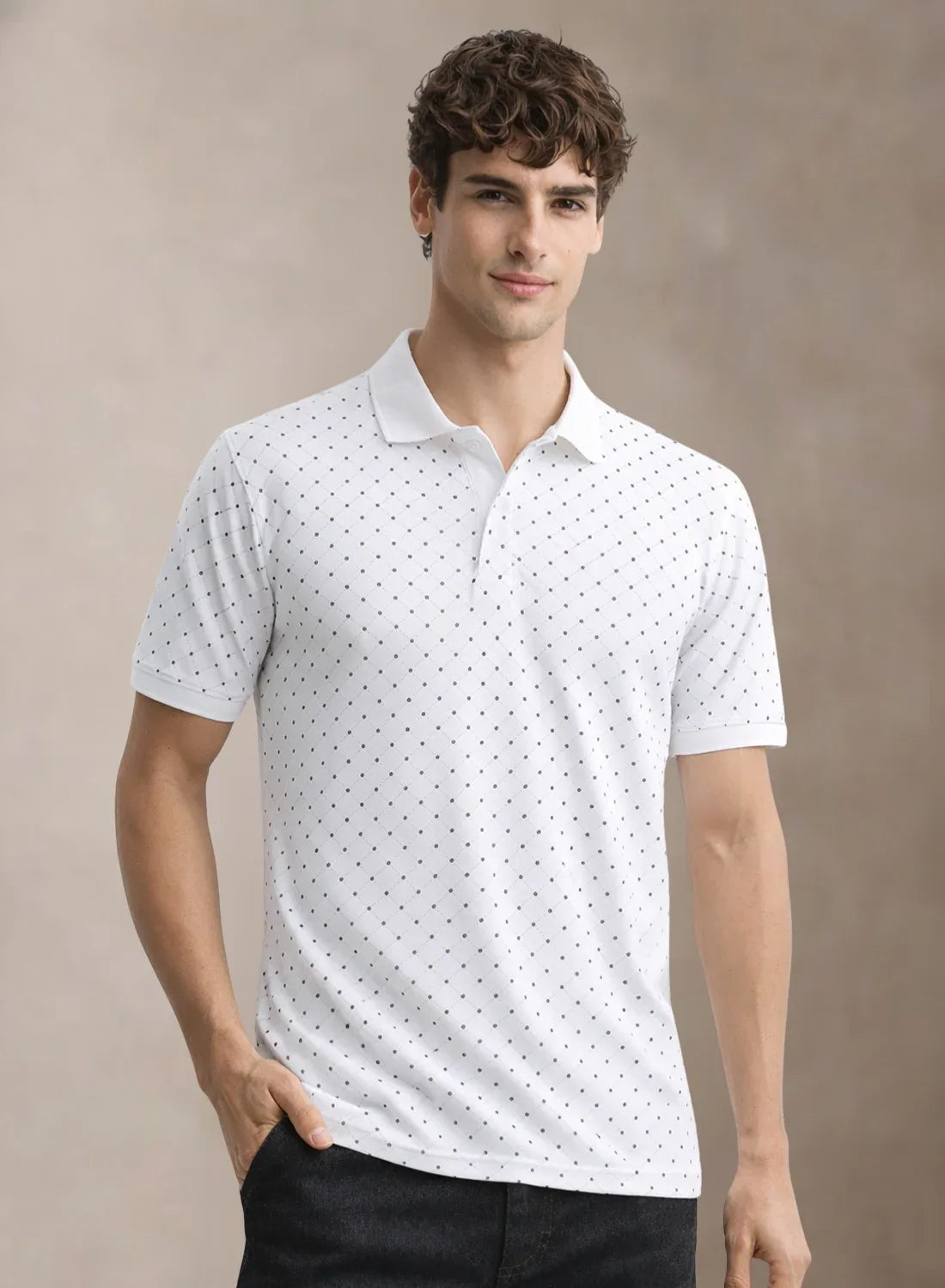 Adro Polo T-Shirt for Men | Allover Printed Polo T Shirt | Cotton Polo Tshirt Milk White
