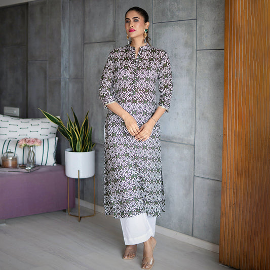 Brown Geometric Muslin Kurta Set By Ambraee
