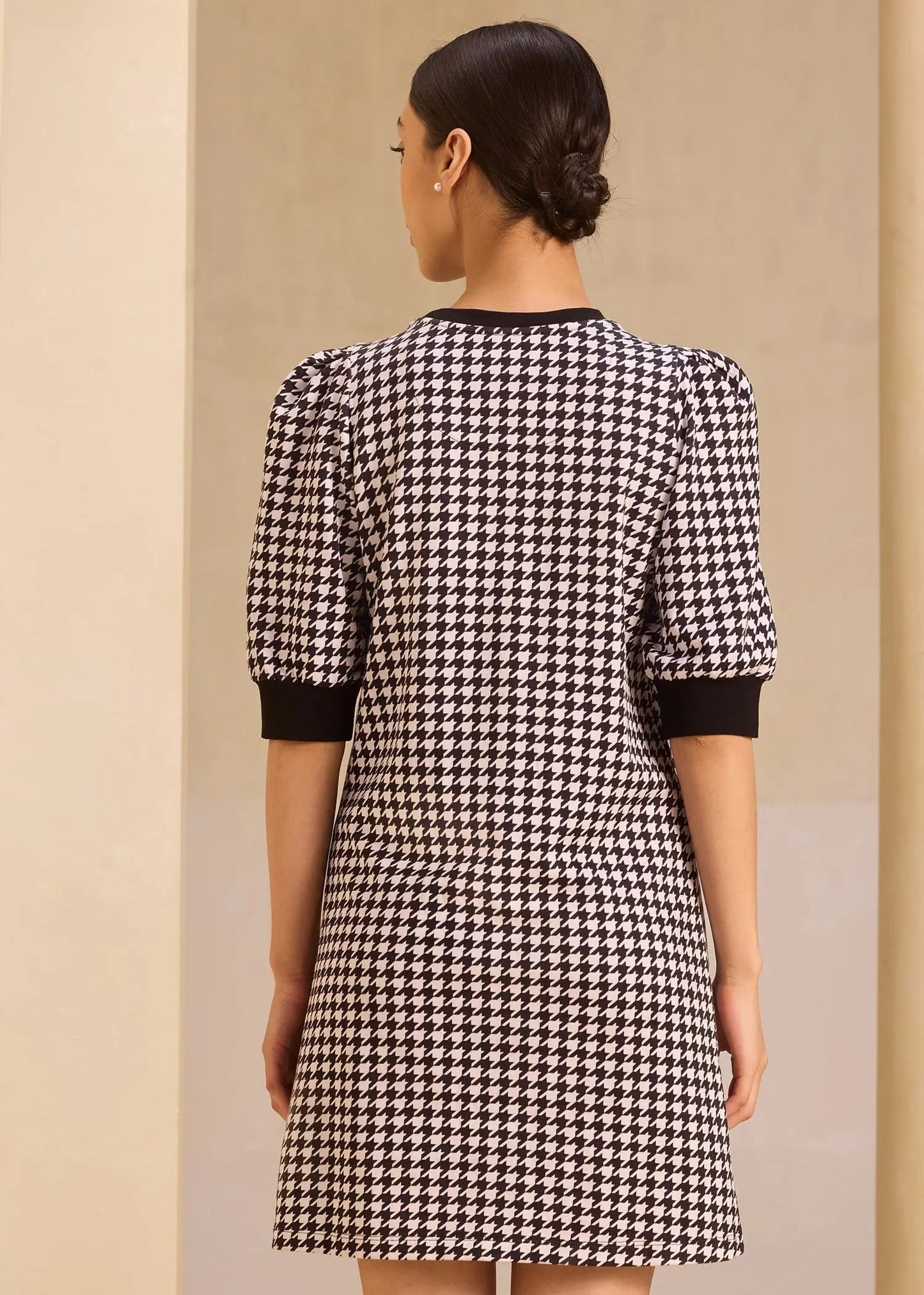 iCotton Houndstooth Pouf Sleeve Dress Alonge