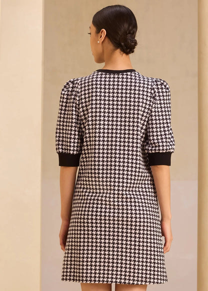 iCotton Houndstooth Pouf Sleeve Dress Alonge