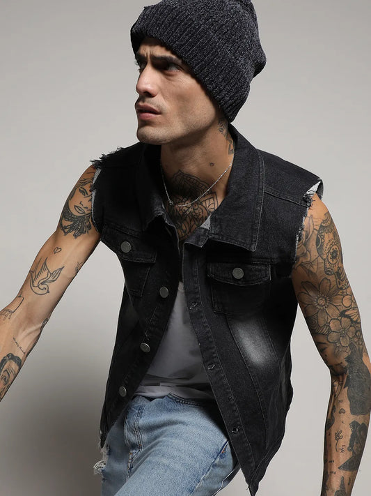 Dark-Wash Denim Jacket With Flap Pocket