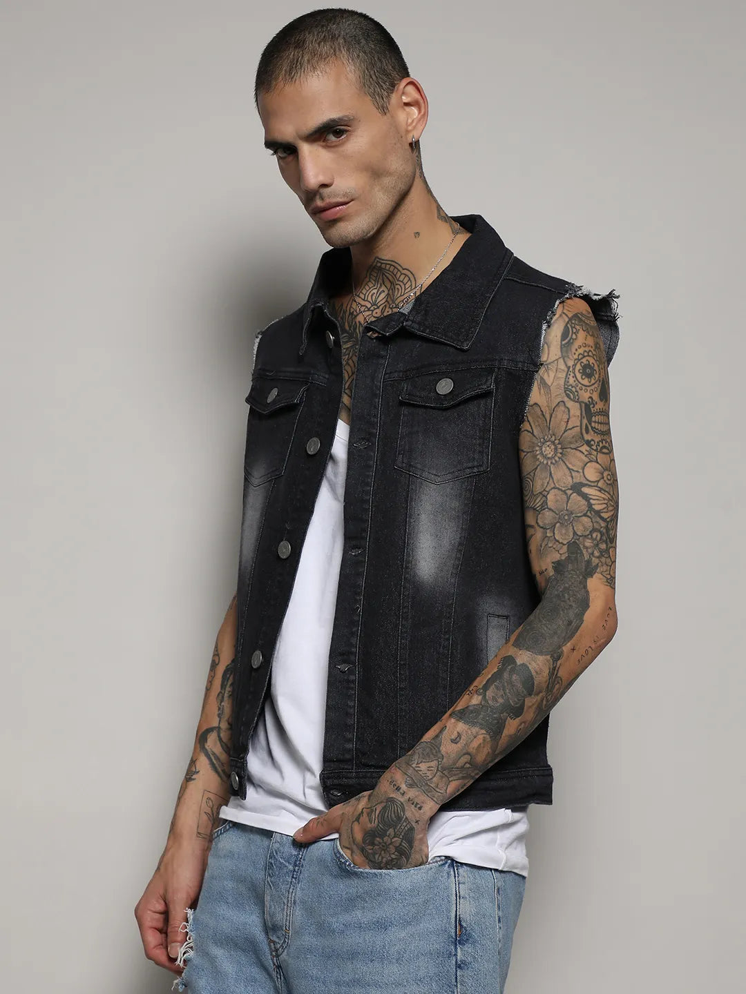 Dark-Wash Denim Jacket With Flap Pocket