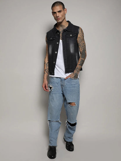 Dark-Wash Denim Jacket With Flap Pocket