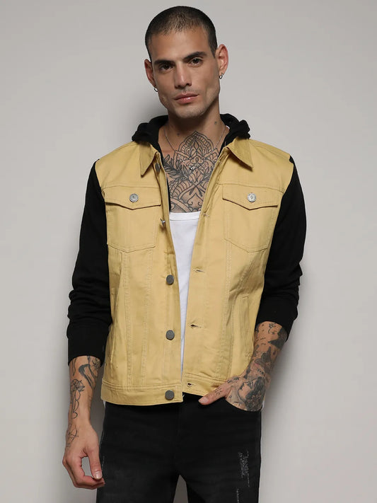 Light-Wash Denim Jacket With Sweatshirt Sleeve