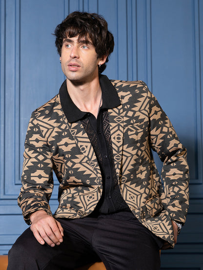 tailored Obsidian Black and Khaki Beige blazer with an Aztec-block jacquard pattern.