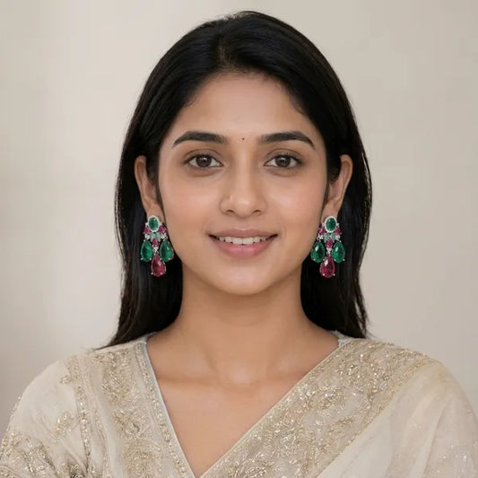 Green And Pink Stone Studded Chandelier Earrings For Women