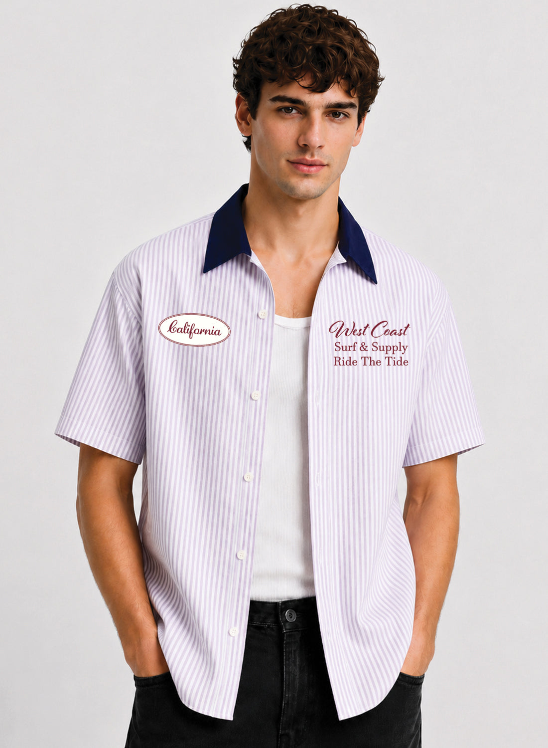 ADRO West Coast Ride The Tide Half Sleeve Striped Shirt for Men | Cotton Blend Casual Shirts | Relaxed Fit Contrast Collar Summer Wear | Lavender Lavender