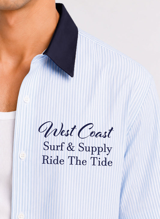 ADRO West Coast Ride The Tide Half Sleeve Striped Shirt for Men | Cotton Blend Casual Shirts | Relaxed Fit Contrast Collar Summer Wear | Sky Blue