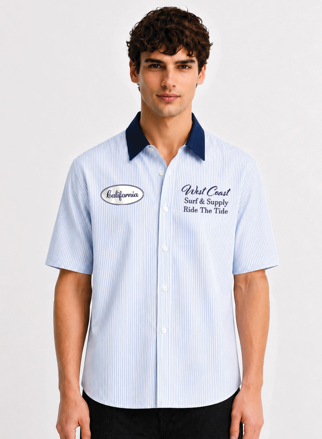 ADRO West Coast Ride The Tide Half Sleeve Striped Shirt for Men | Cotton Blend Casual Shirts | Relaxed Fit Contrast Collar Summer Wear | Sky Blue