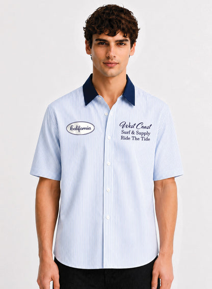 ADRO West Coast Ride The Tide Half Sleeve Striped Shirt for Men | Cotton Blend Casual Shirts | Relaxed Fit Contrast Collar Summer Wear | Sky Blue