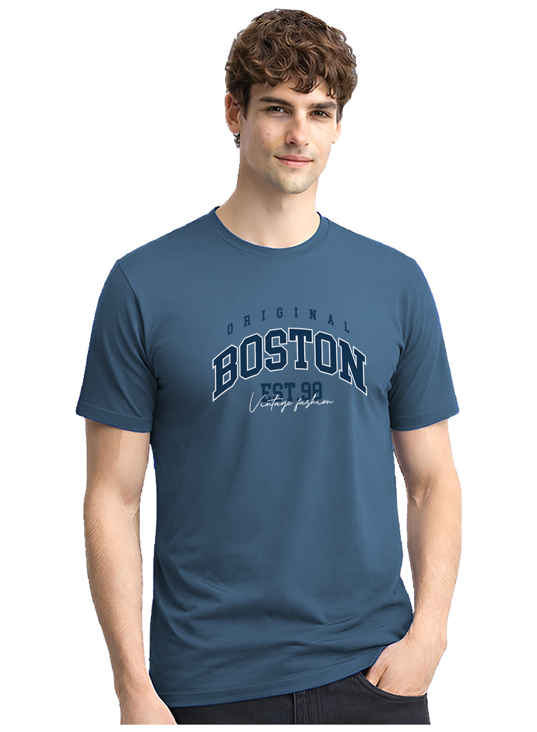 Adro Mens Boston City Printed Tshirt | Athletic Stylish Summer College Cotton T-shirt | Sporty Comfortable T shirts | Regular Fit Classic Blue
