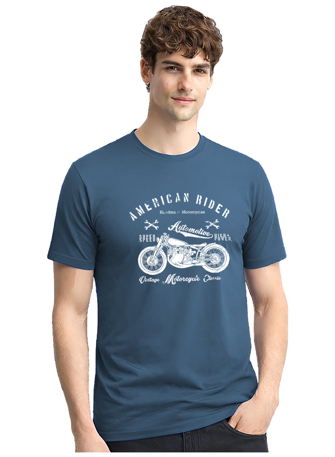 Adro Mens American Rider Printed T-Shirt | 100% Cotton T shirt for Bikers | Stylish Casual Tee Summer Regular Fit Biker Tshirt Classic Blue