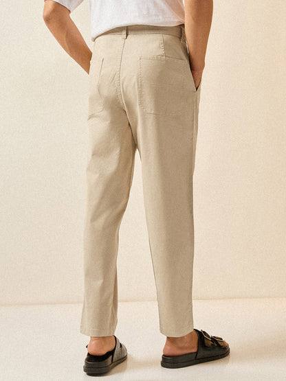 Cream Solid Cropped Carrot Fit Casual Chino Trouser