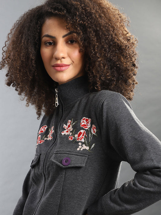 Embroidered Roses Sweatshirt With Zip Closure