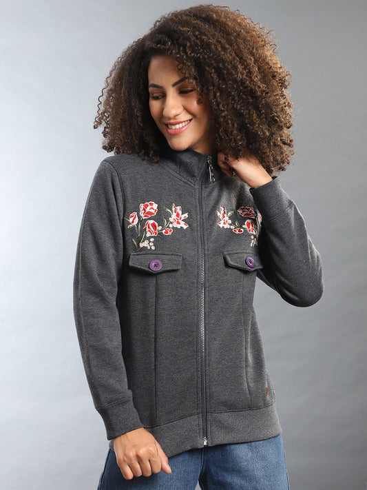 Embroidered Roses Sweatshirt With Zip Closure