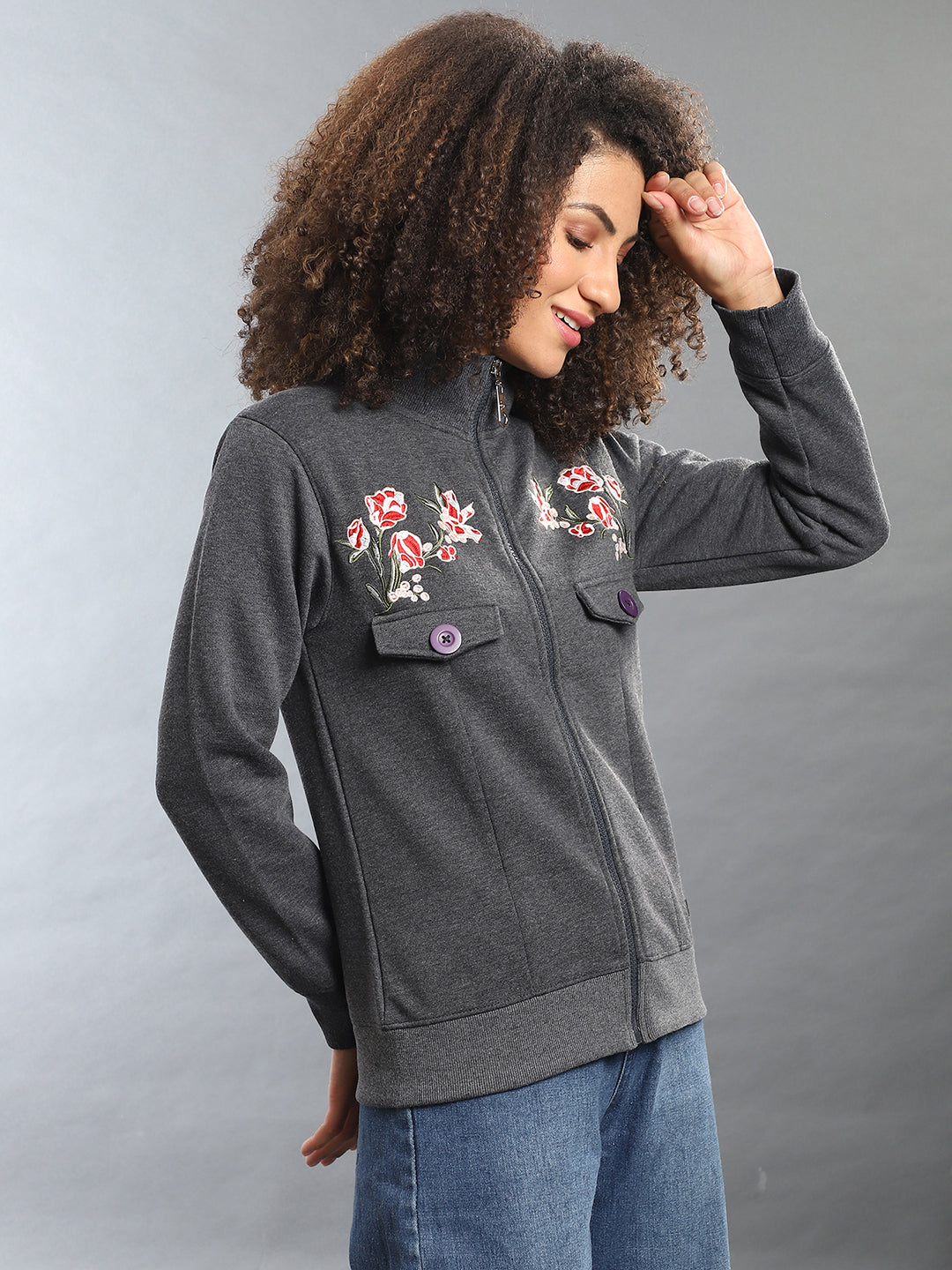 Embroidered Roses Sweatshirt With Zip Closure