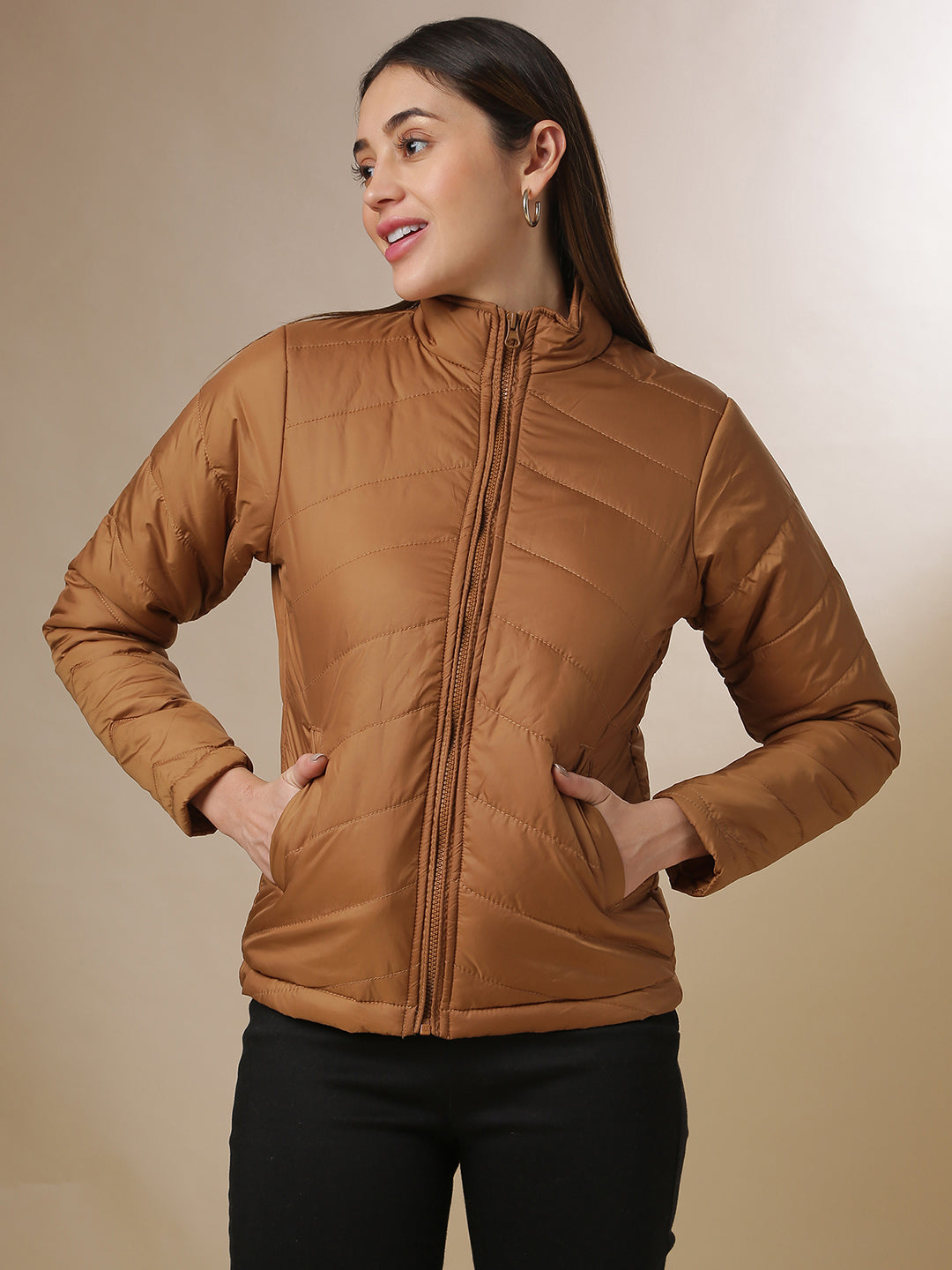 Quilted Puffer Jacket With Zip Closure