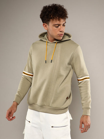 Pullover Hoodie With Contrast Striped Sleeve