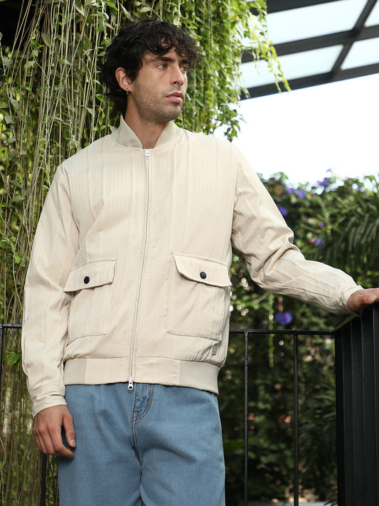 Zip-Front Stripe-Tactile Bomber Jacket