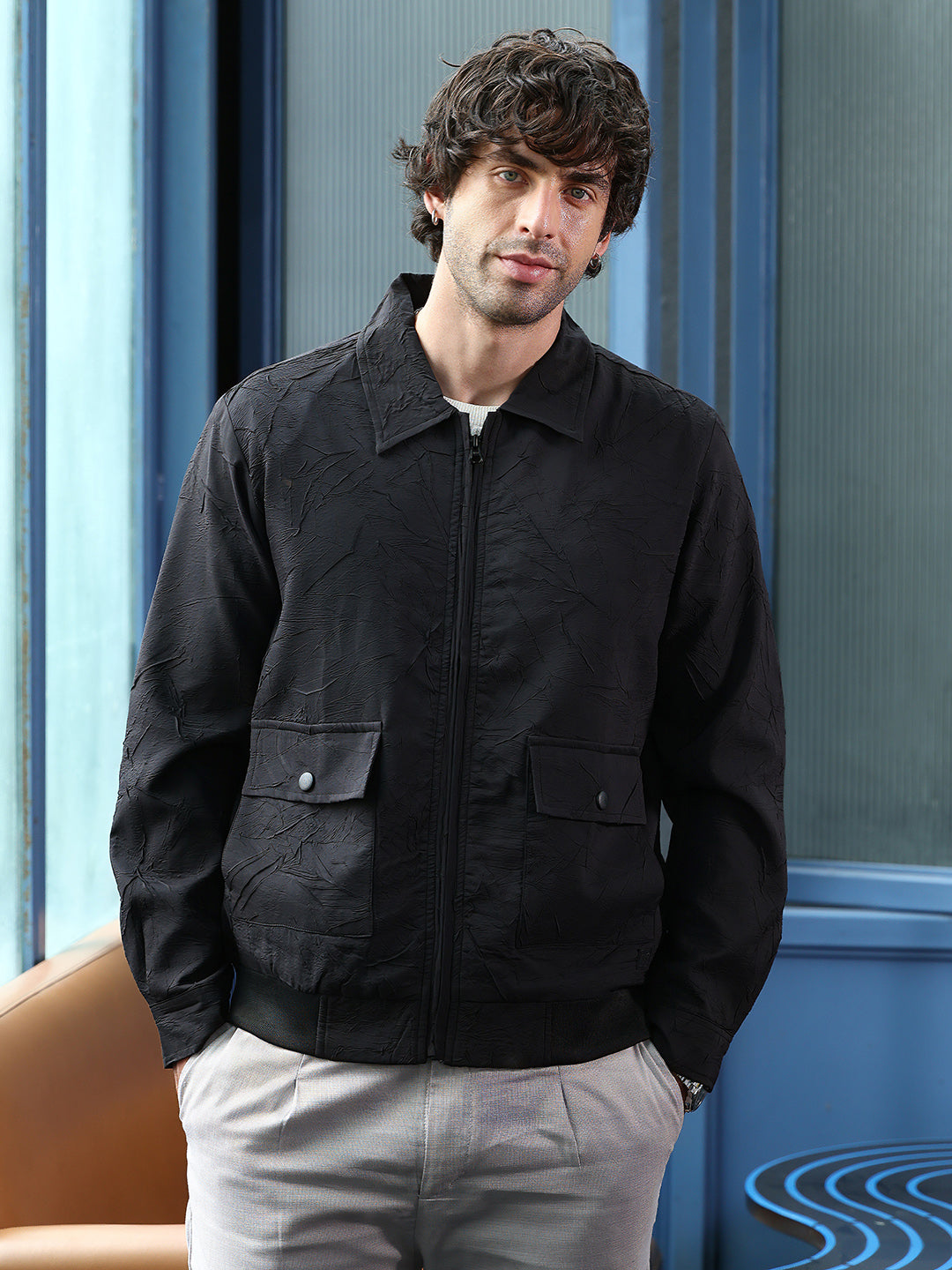 Zip-Front Foliage-Tactile Bomber Jacket