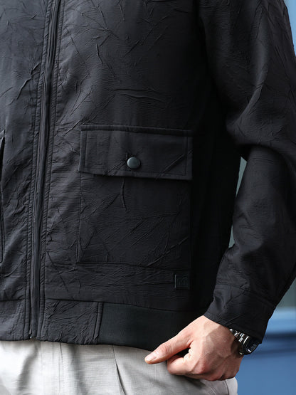 Zip-Front Foliage-Tactile Bomber Jacket