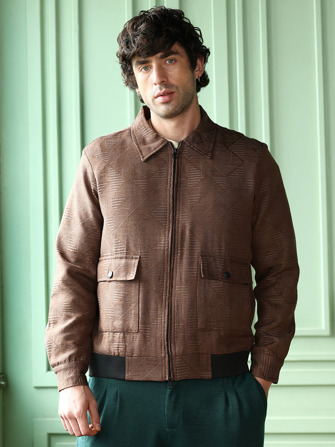 Geometric-Jacquard Zip-Front Jacket