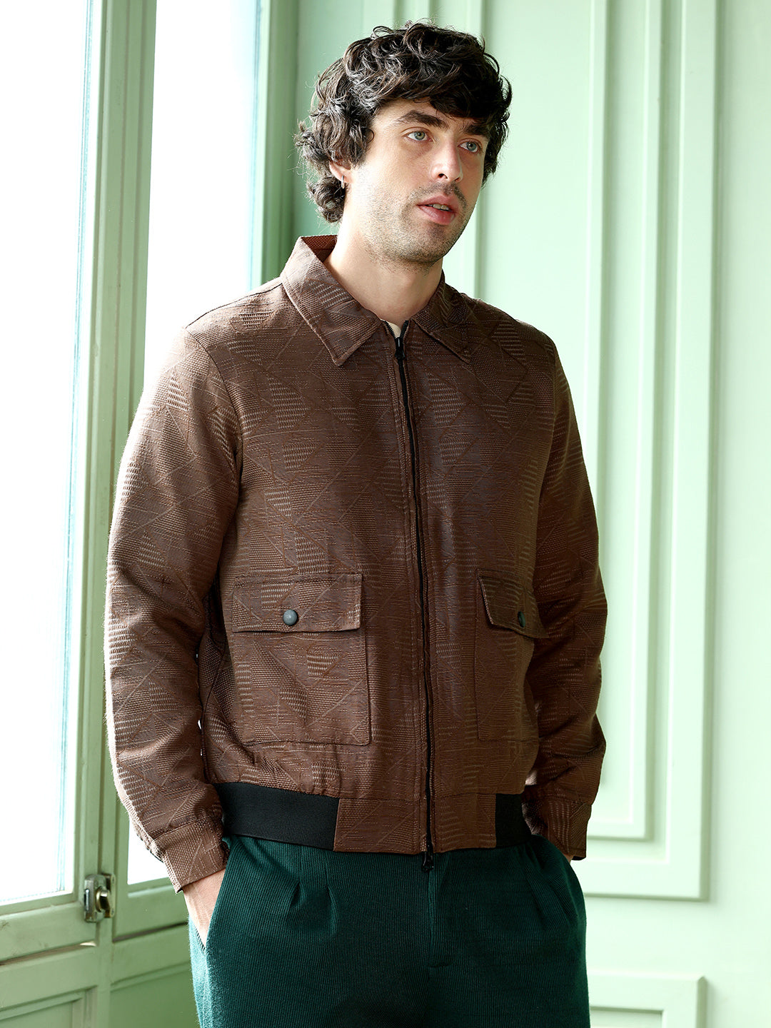 Geometric-Jacquard Zip-Front Jacket