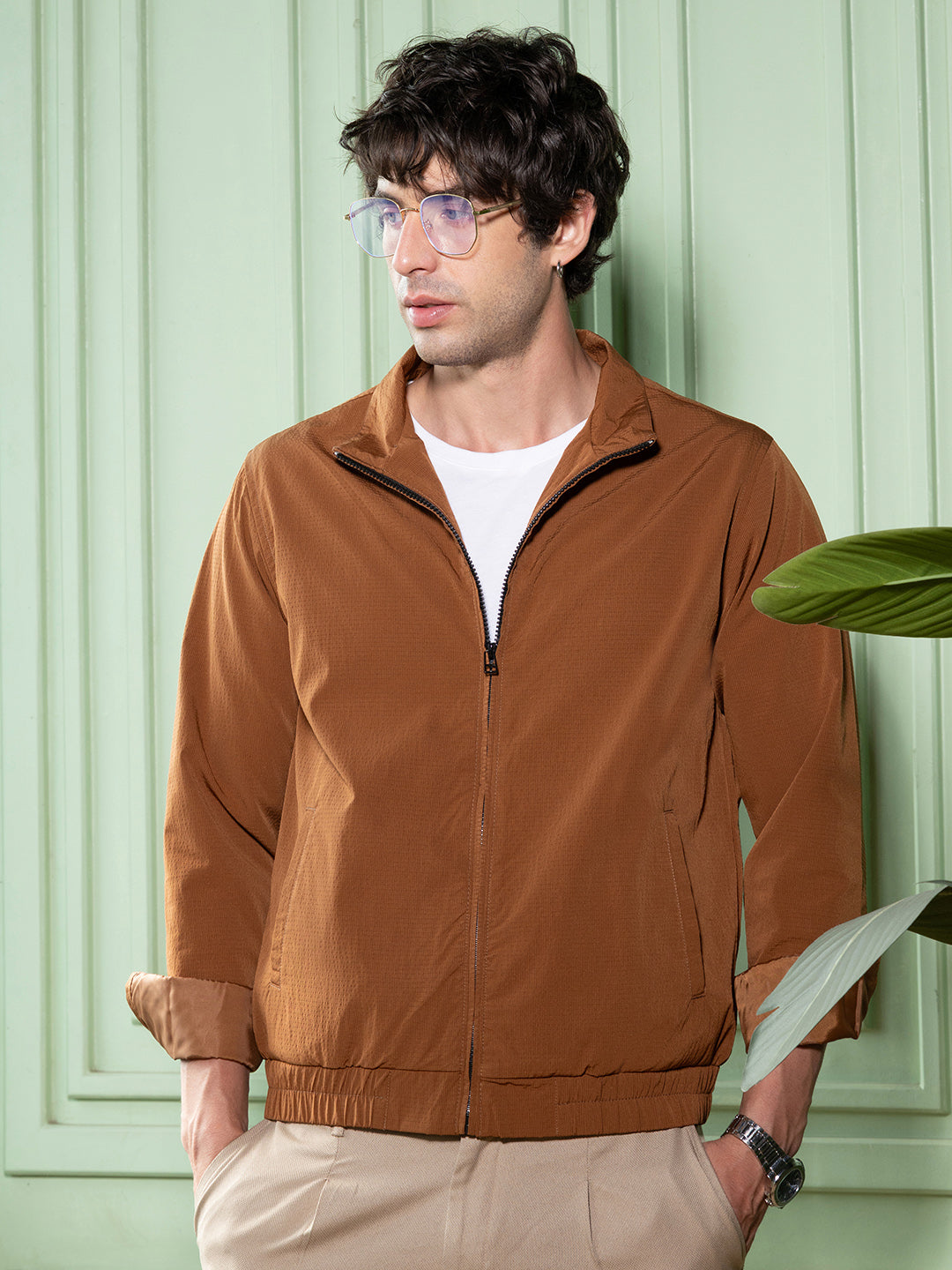 Solid-Textured Bomber Jacket