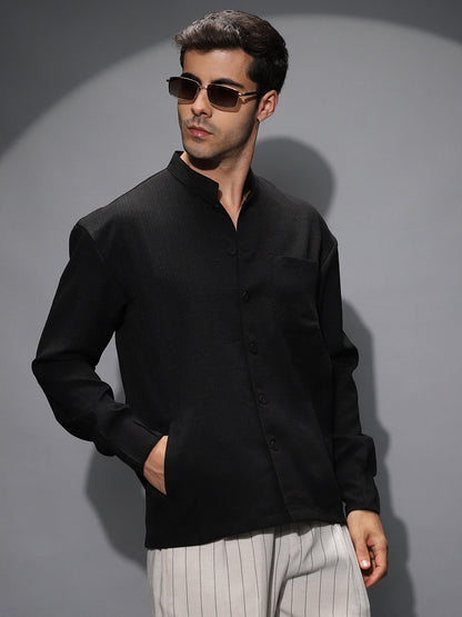 Band-Collar Heathered Shacket