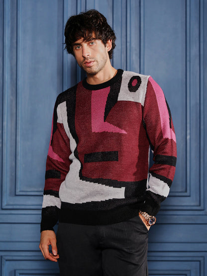 Abstraction-Jacquard Pullover Sweater