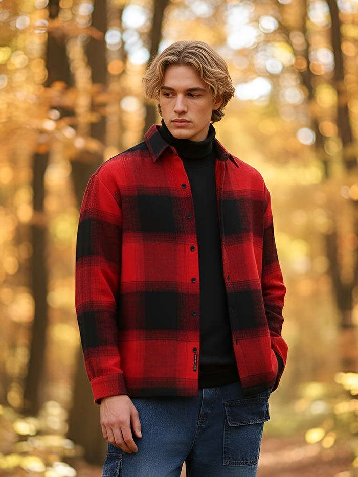 Men's oversized red and black checkered shirt with vignette gradient effect and drop shoulders.