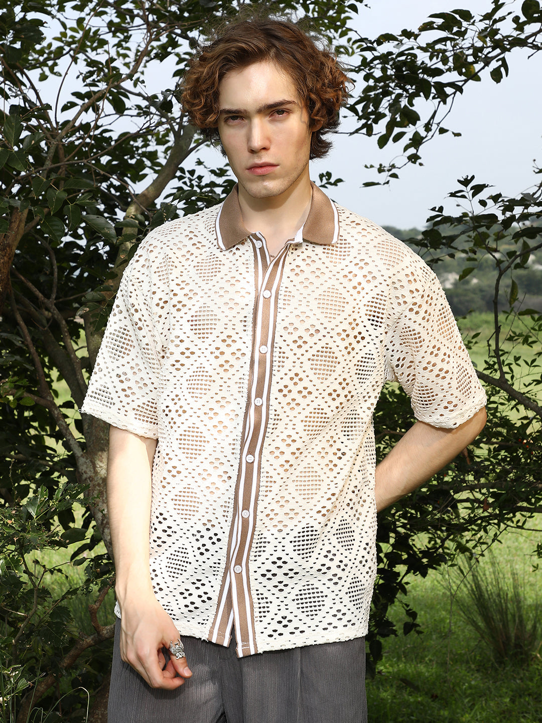 Geometric-Knit Oversized Shirt