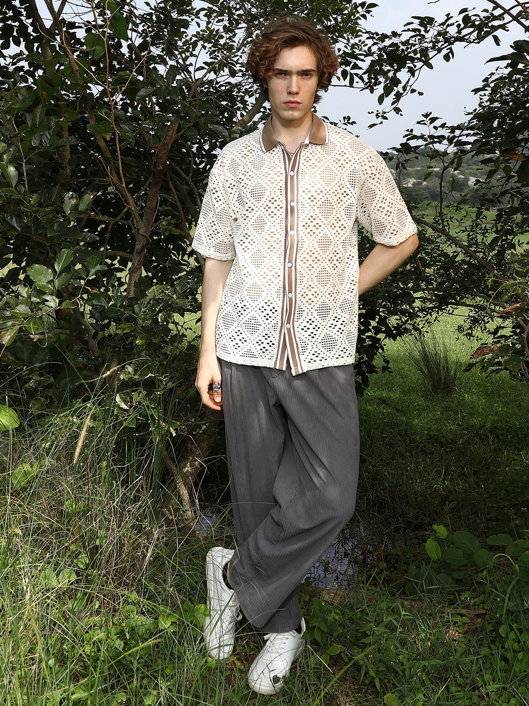 Geometric-Knit Oversized Shirt