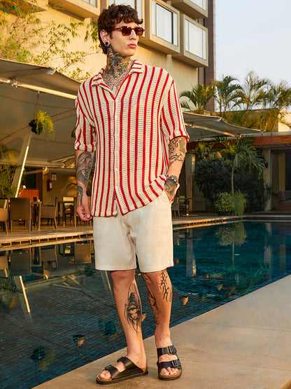 Striped Open-Knit Resort Shirt