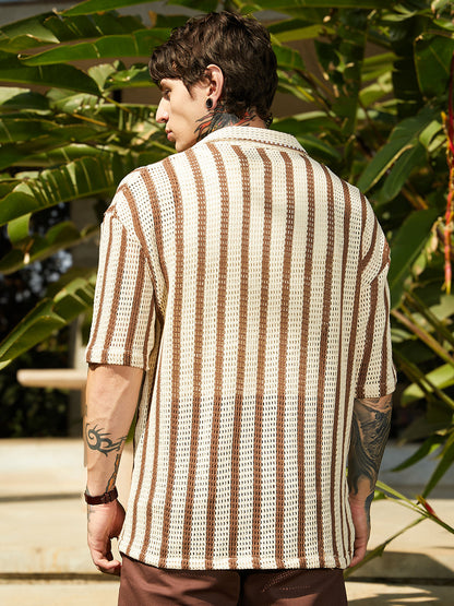 Striped Open-Knit Oversized Shirt