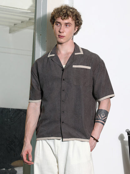Charcoal Grey Cuban Collar Shirt With Beige Accents
