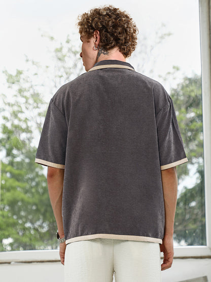 Charcoal Grey Cuban Collar Shirt With Beige Accents