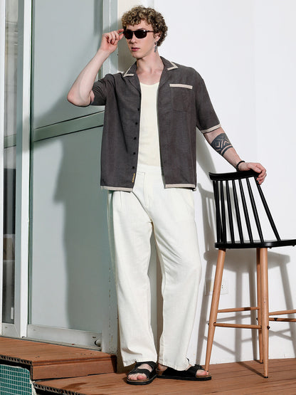 Charcoal Grey Cuban Collar Shirt With Beige Accents