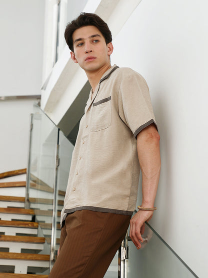 Beige Cuban Collar Shirt with Dark Brown Accents